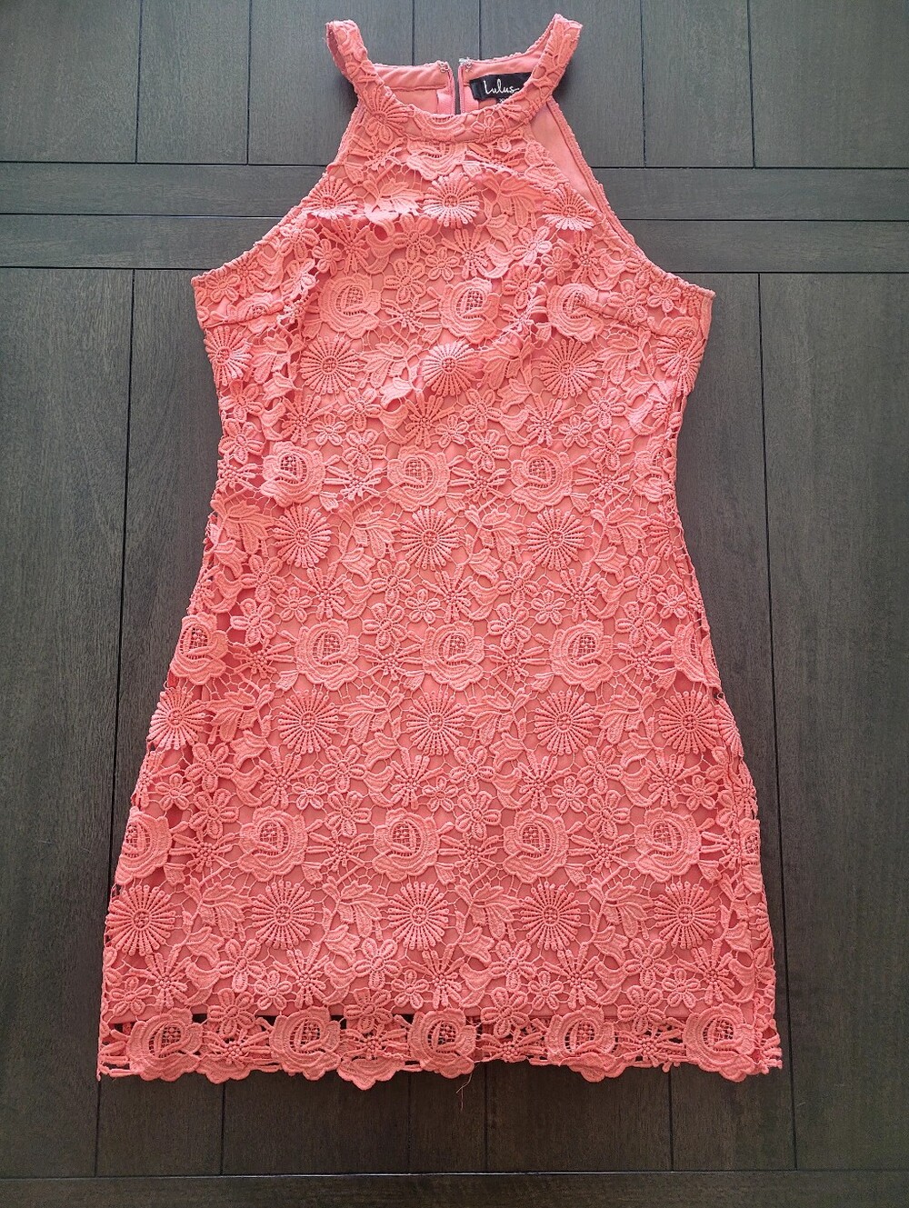 Lulus Coral Lace Halter Dress with Floral Overlay